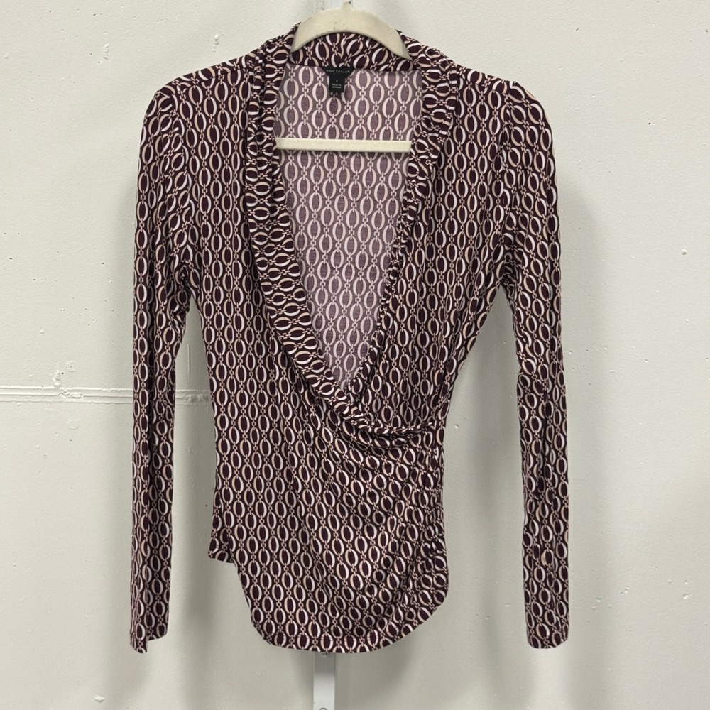 Ann Taylor Women's Small Burgundy Chain Link Wrap Top Long‎ Sleeve Modal Blouse